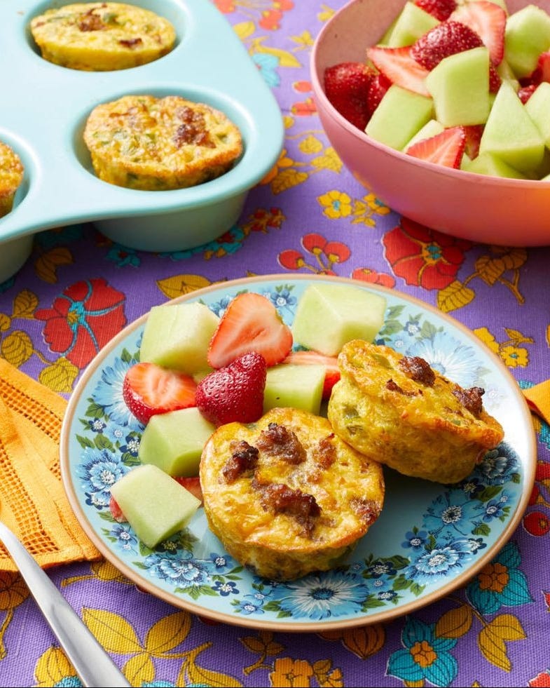 individual sausage casseroles with fruit salad