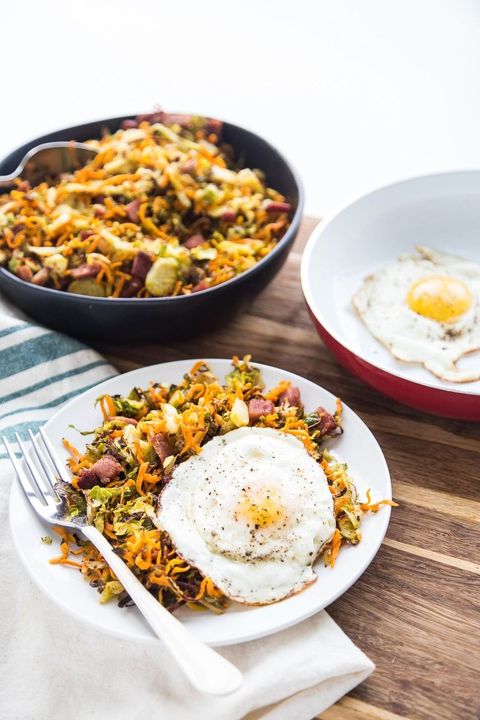 roasted ham shredded brussels sprouts hash with egg
