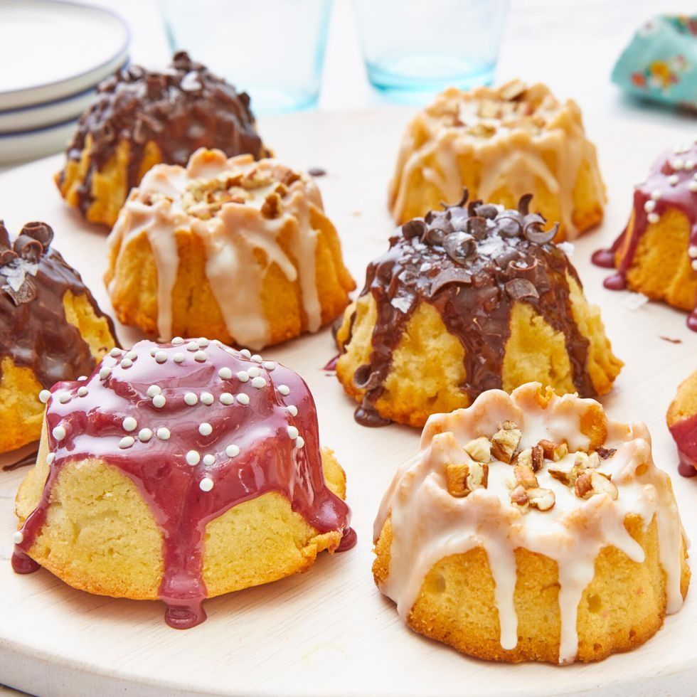 mini bundt cakes with three types of glaze