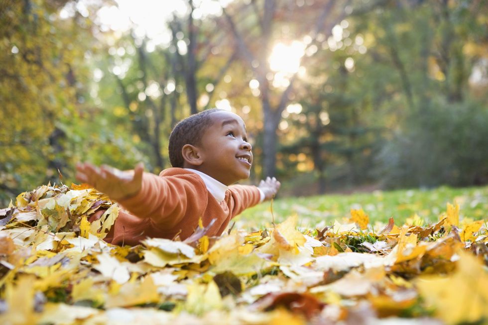 little boy playing on autumn leaves that you might caption for instagram orange you glad autumn is here