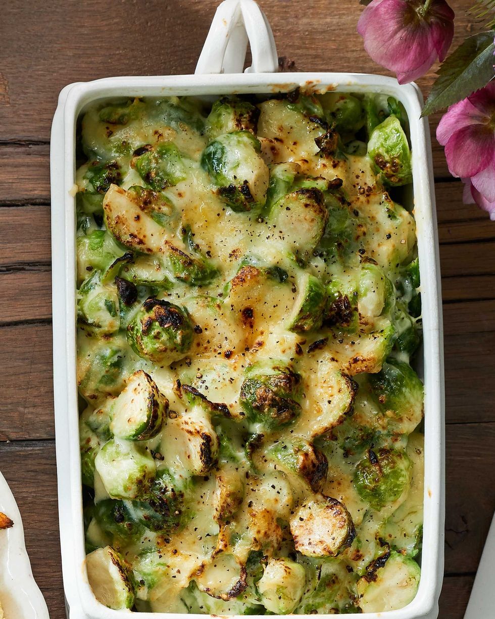 fall casserole recipes brussels sprouts gratin in a white rectangle baking pan