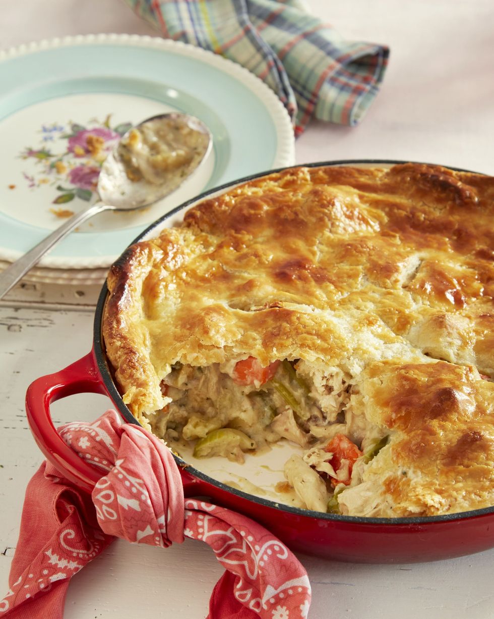 classic chicken pot pie in a red enamel cast iron skillet