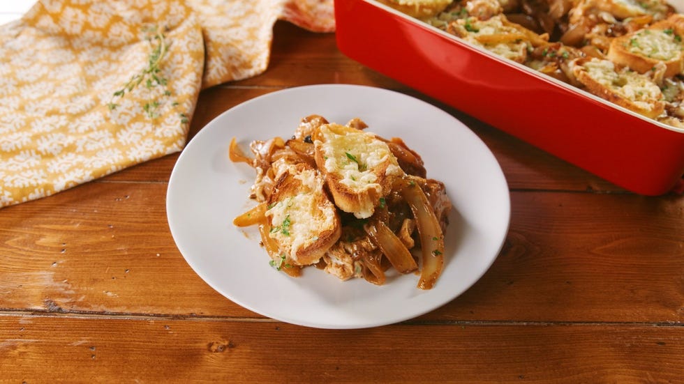 onion chicken casserole on a white plate