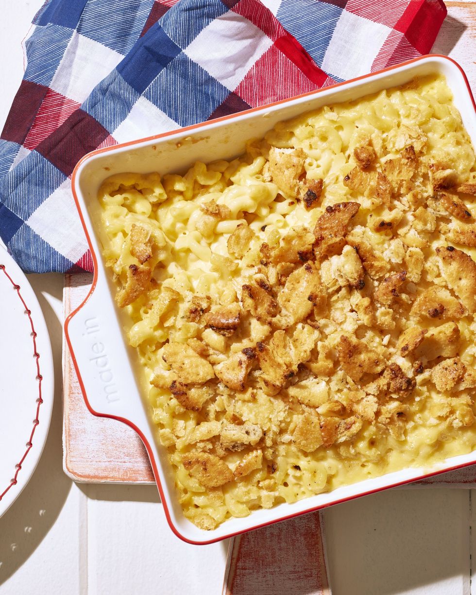 ritzy ranch mac n cheese in a square white baking dish with red trim