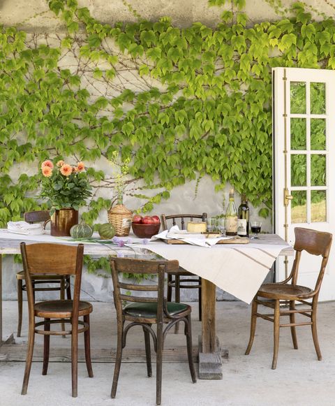 outdoor dining area against cement wall with ivy growing up, rustic wooden table with wine and cheese setup, wood chairs