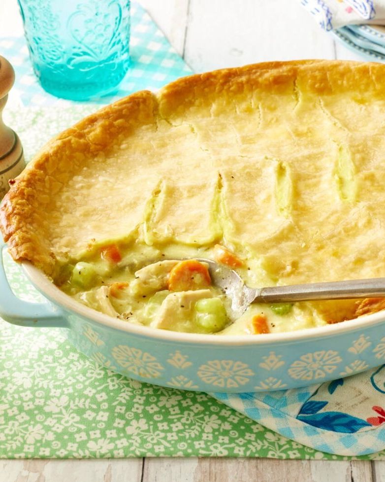 classic pot pie in light blue casserole dish