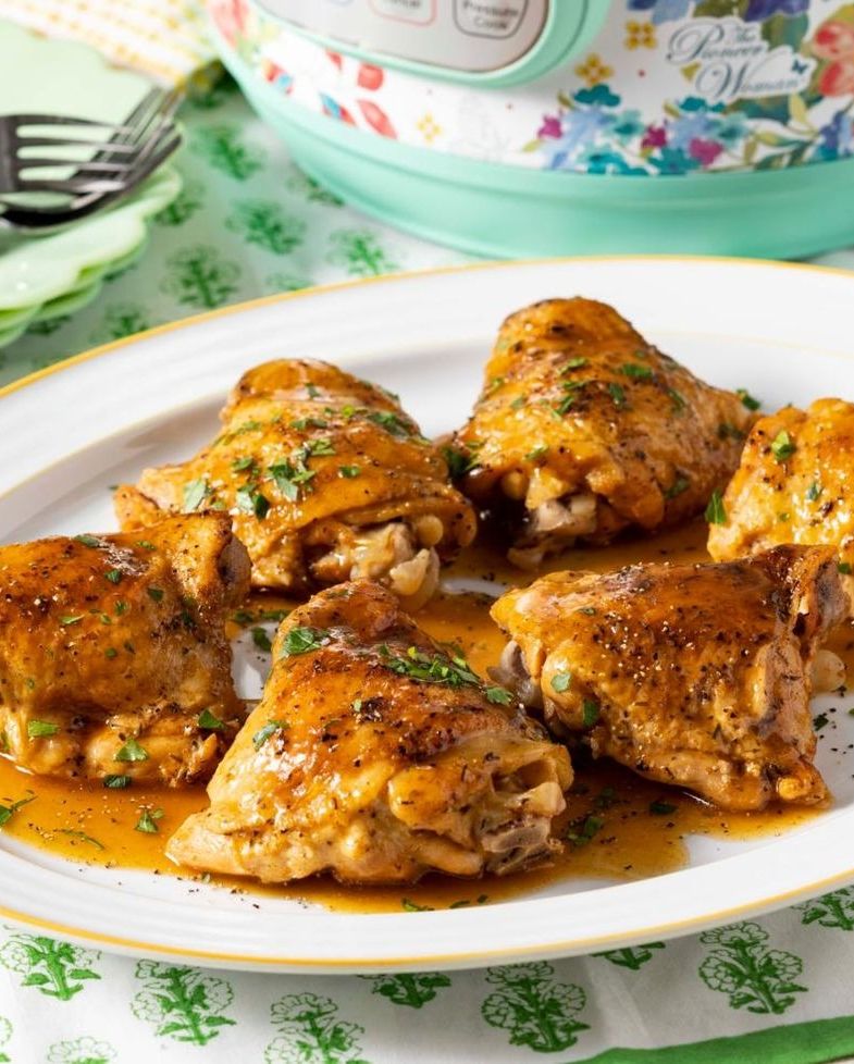 instant pot chicken thighs on white platter