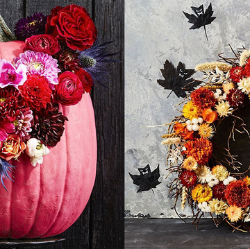fall crafts, pink pumpkin with floral attached, wreath with flowers and paper bats