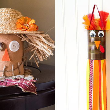fall crafts for kids, diy can scarecrow, turkey windsock