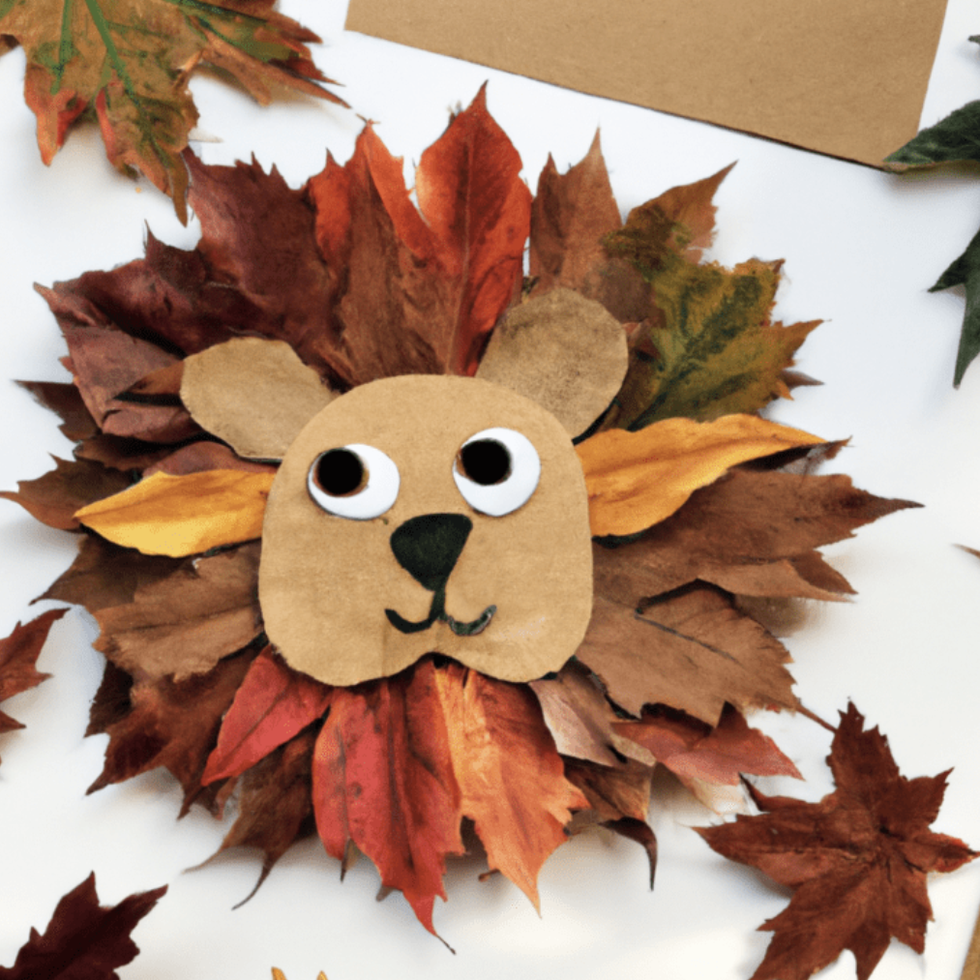 fall crafts for kids, diy lion face made of leaves
