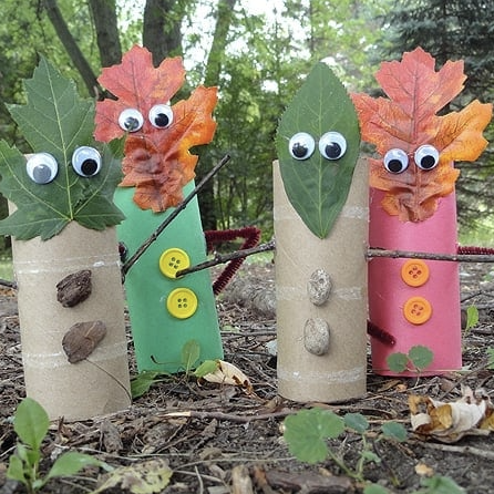 fall crafts for kids leaf puppets outside made of toilet paper rolls and googly eyes