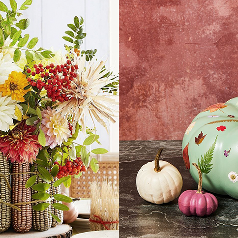 fall decor ideas, corn vase with flowers, painted pumpkin with leaf designs