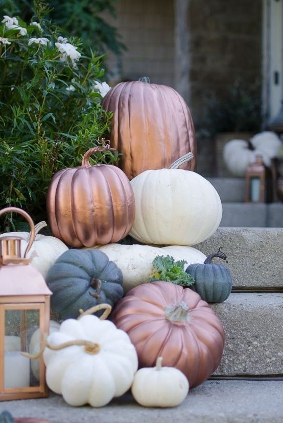 fall decor ideas, metallic pumpkins on the steps outdoors