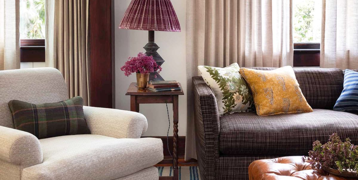 contemporary living room with plaid fabric decorated for fall
