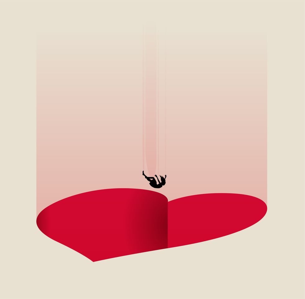 fall in love or dependent relationship abstract metaphor concept with falling woman silhouette into the red heart shaped abyss