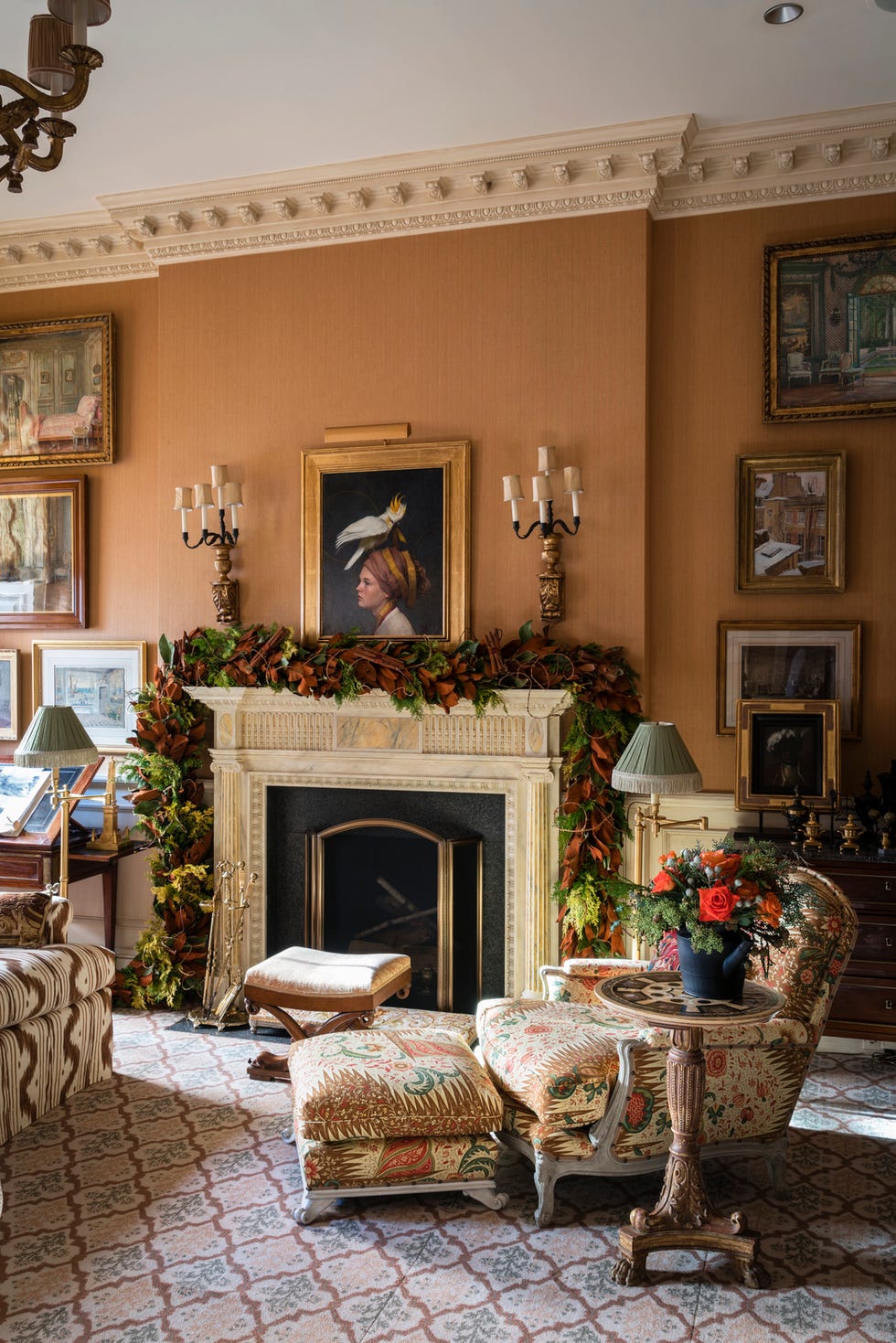 living room with fireplace decorated for fall