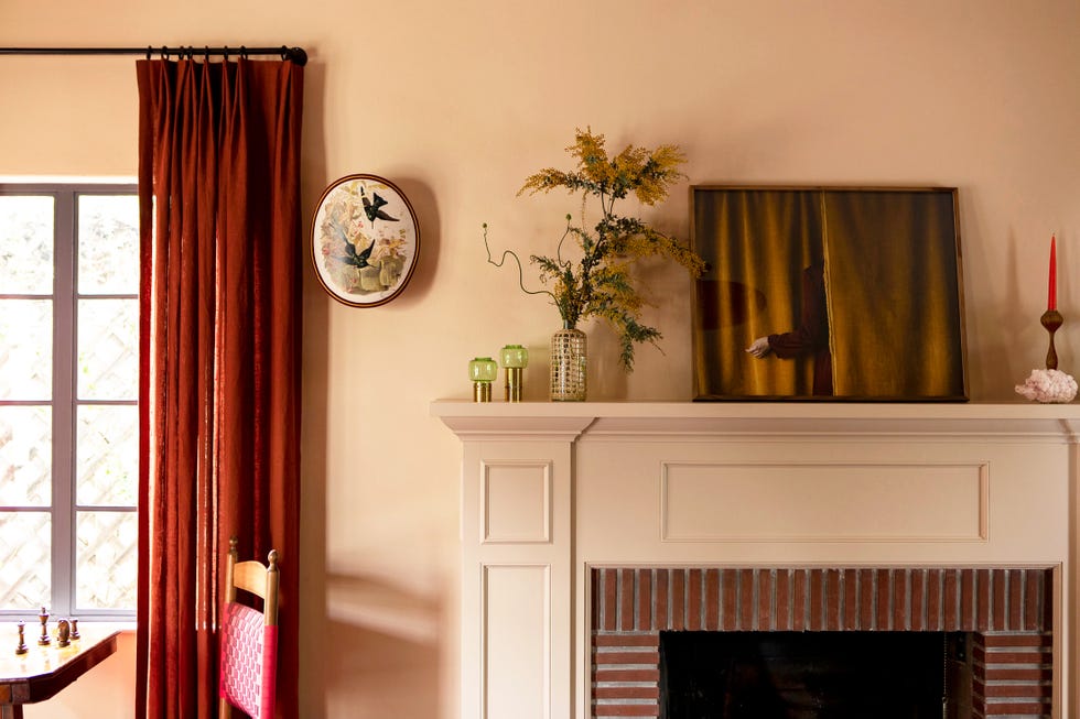 pink living room with fireplace