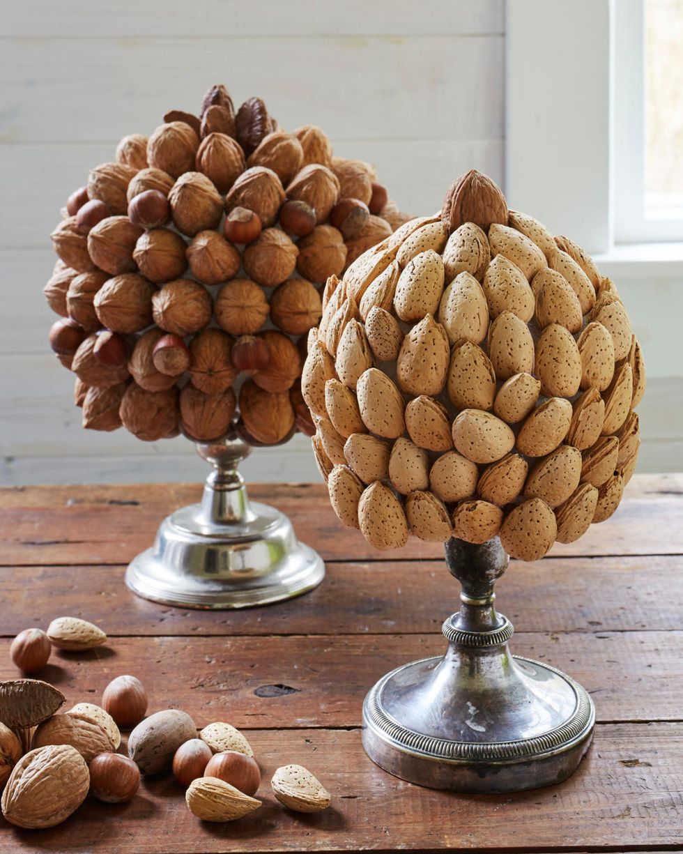 nut topiaries on vintage candlesticks