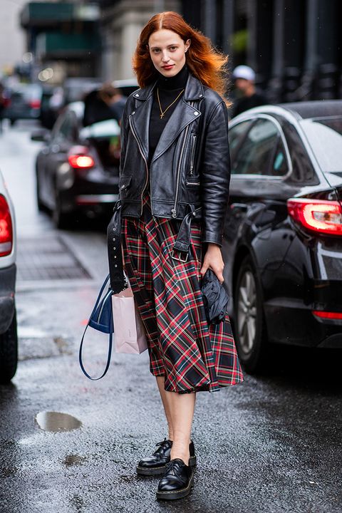 red plaid midi skirt and leather jacket