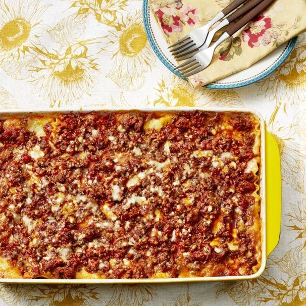 best lasagna ever in yellow baking dish
