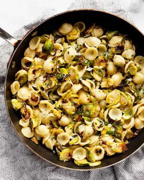 roasted brussels sprout pasta in pan