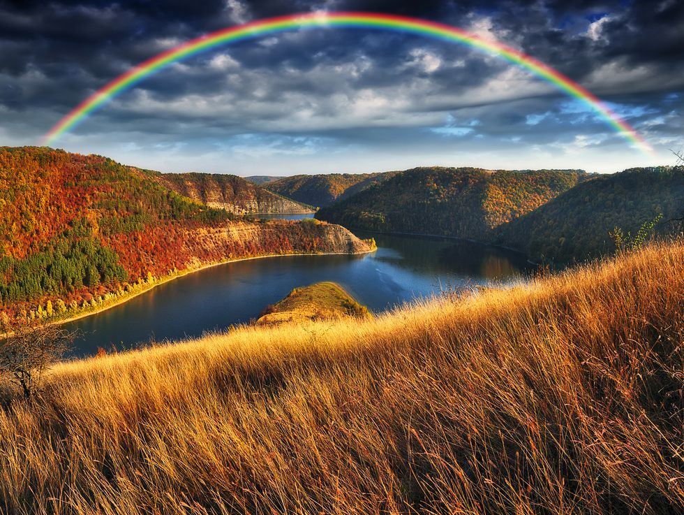 fall pictures, colorful rainbow over river canyon