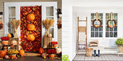 fall porch decor, pumpkins on the door, two wreaths on the windows