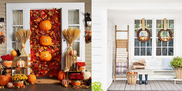 fall porch decor, pumpkins on the door, two wreaths on the windows