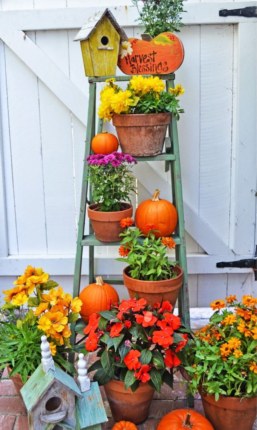 rustic ladder decorated for fall with pumpkins, potted mums, yellow birdhouse, and pumpkin sign that reads harvest blessings