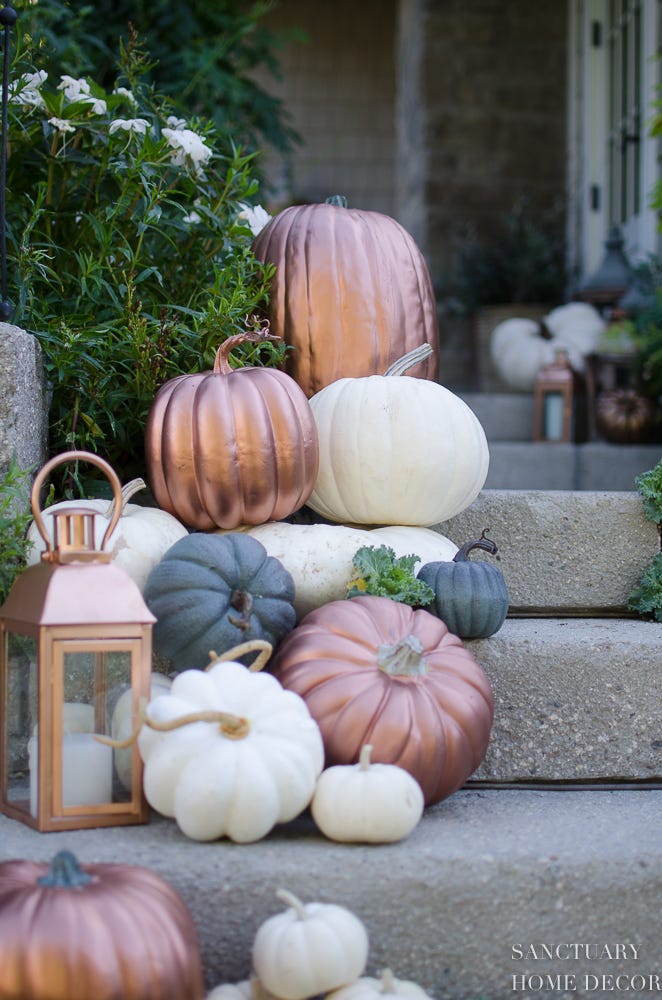 fall porch decor metallic pumpkins