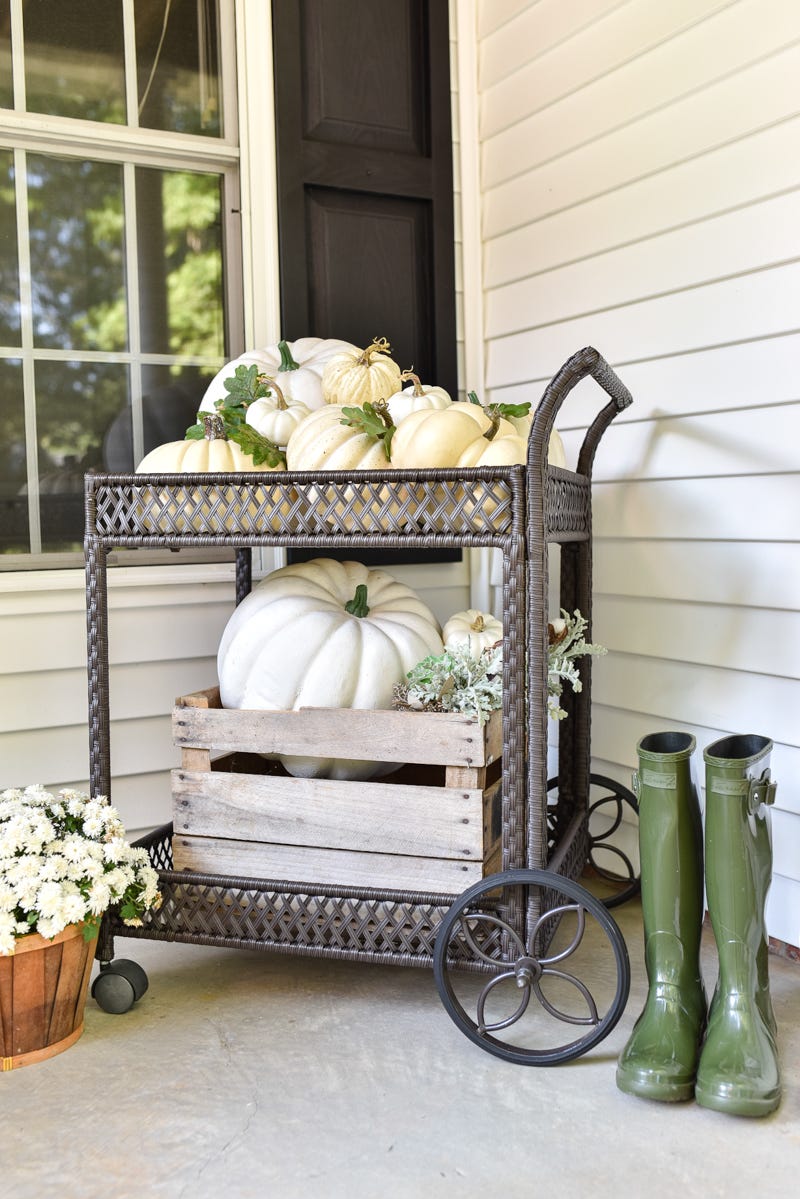 fall porch decor pumpkin bar cart