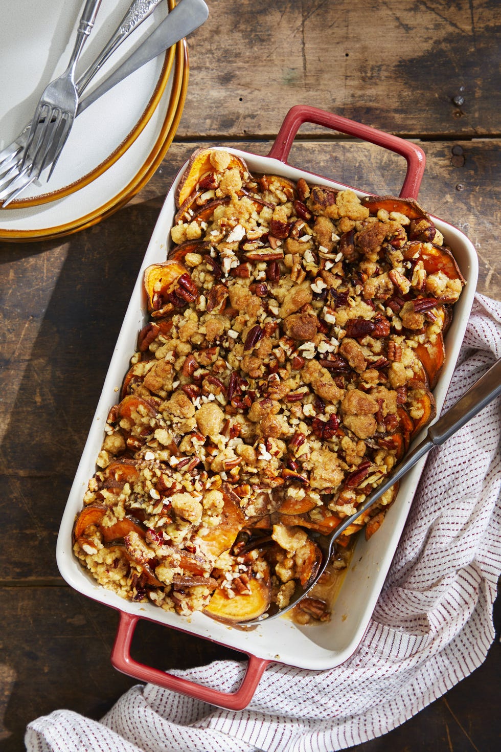 roasted sweet potato coins with rosemarypecan streusel