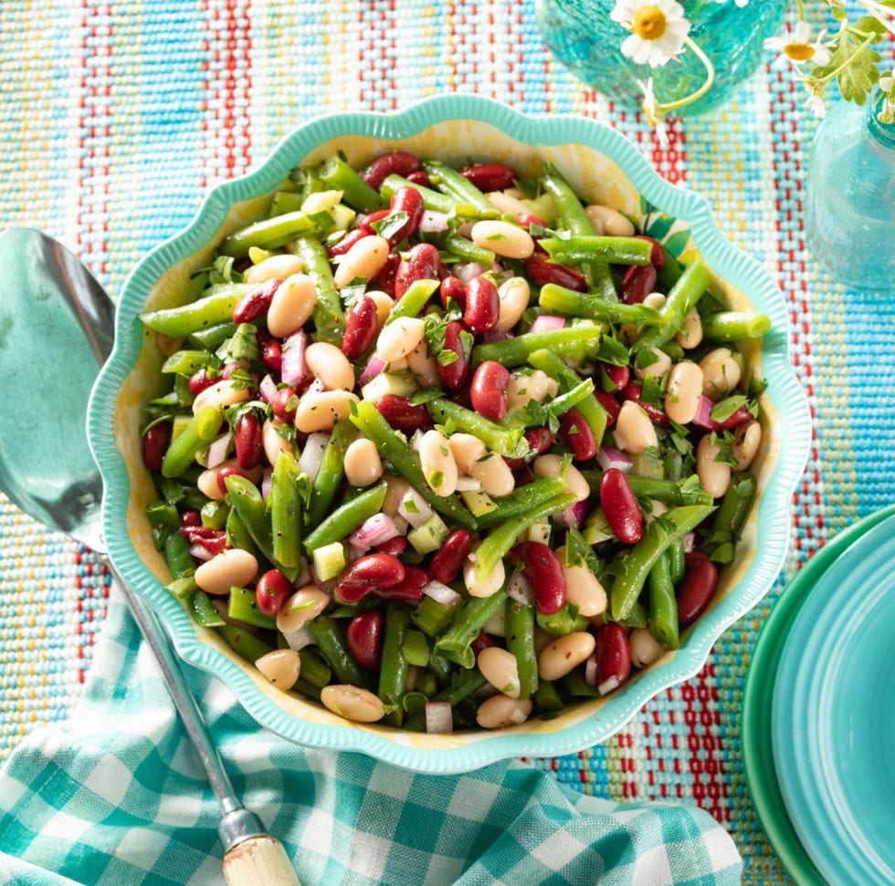 classic three bean salad in light blue bowl