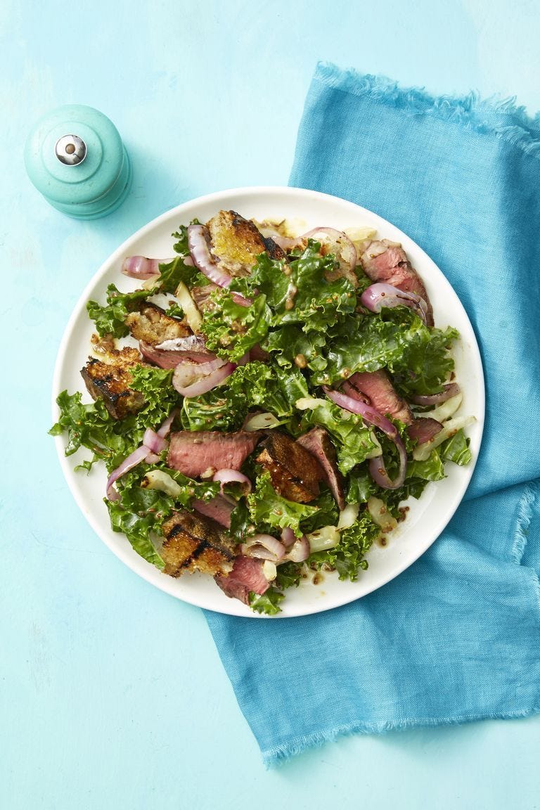 seared steak and rye panzanella   healthy salads