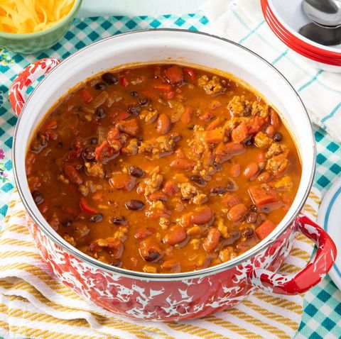 pumpkin chili in red and white pot