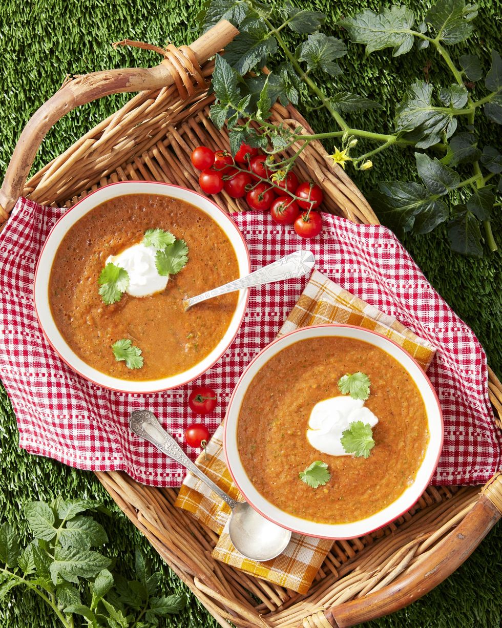charred tomato soup in two bowls with a dollop of sour cream and fresh cilantro as garnish