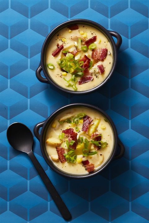 corn chowder with bacon top