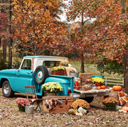 a fall tailgate with a vintage turquoise pickup truck styled with drinks and fall mums