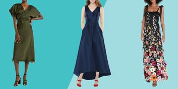 three fall wedding guest dresses women over 50 in front of two blue shapes