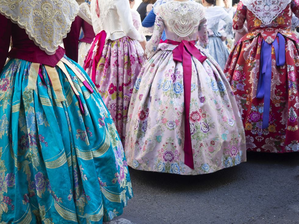 fallas festival women in traditional dresses valencia spain