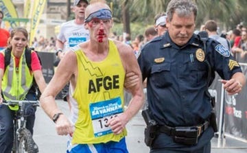 Head, People, Cap, Police, Police officer, Endurance sports, Quadrathlon, Running, Sleeveless shirt, Bicycle frame, 