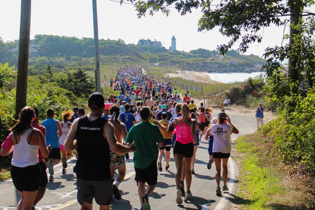 a crowd of runners in a race run on a road along the coast