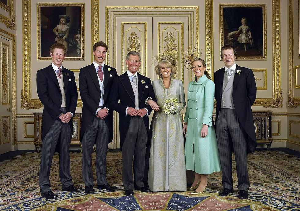 windsor, england   april 9  embargoed till 0001 bst monday 11 april 2005 trh prince charles and the duchess of cornwall, camilla parker bowles pose with their children l r prince harry, prince william, laura and tom parker bowles, in the white drawing room for the official wedding group photo following their earlier marriage at the guildhall, at windsor castle on april 9, 2005 in berkshire, england photo by hugo bernandrotaanwar hussein collectiongetty images
