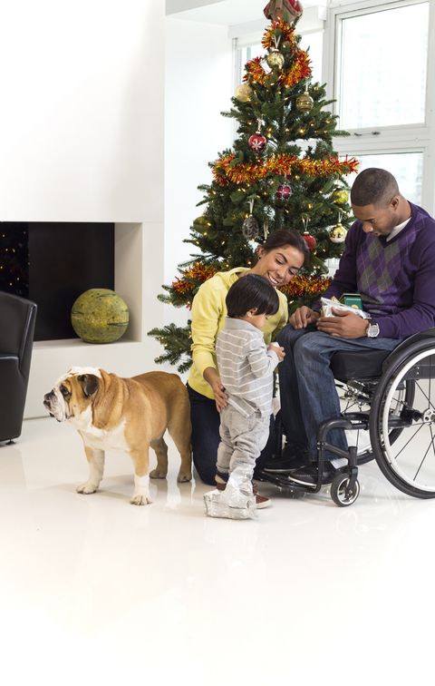 family and dog with man in wheelchair near christmas tree