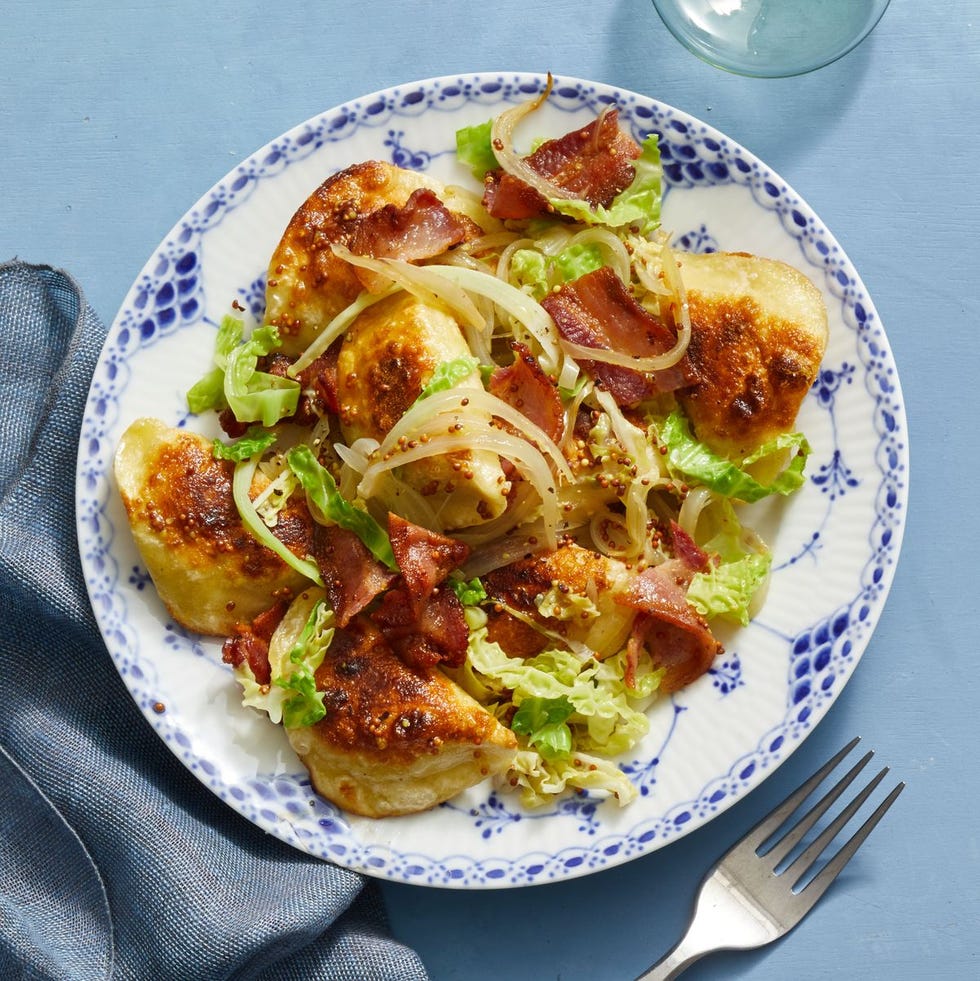 pierogi with sauteed cabbage and mustard seeds