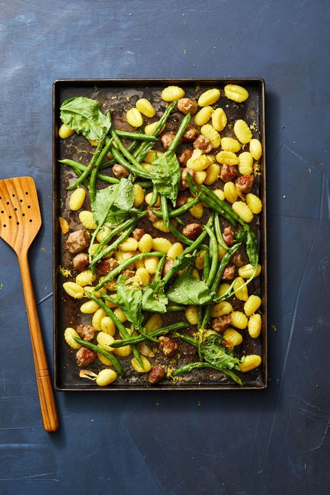 gnocchi with sausage and green beans on a sheet pan