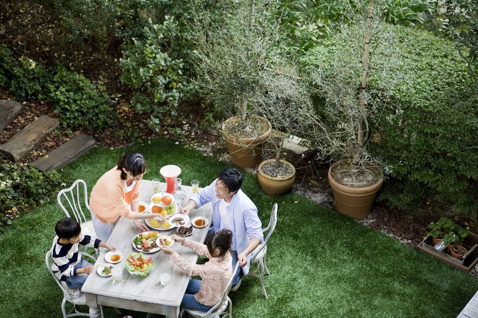 family eats in garden,pleasures of a happy home