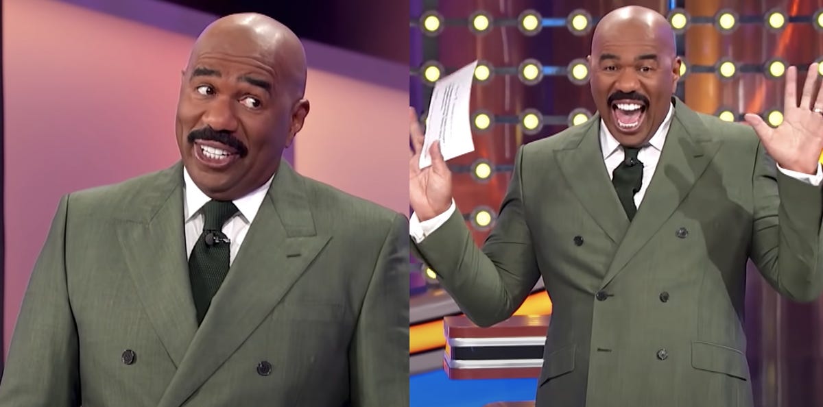 Steve Harvey Reacts to 'Family Feud' Contestant Imitating a Snake