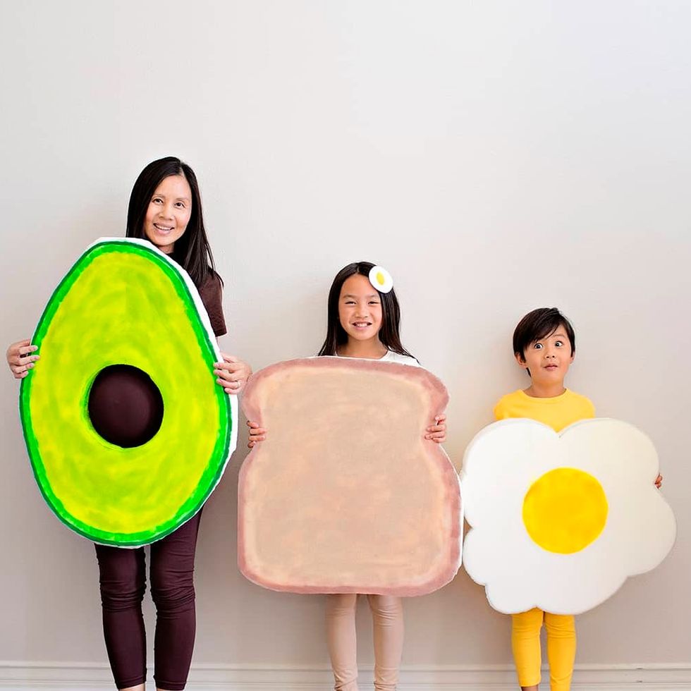 avocado toast family costume with an avocado, bread, and egg