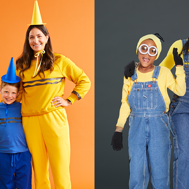 one family dressed up as a pack of crayons and another dressed as minions